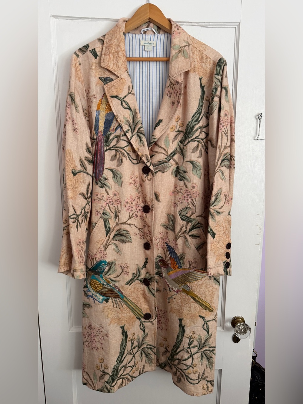 Sundance Beige Floral & Bird Trench Coat